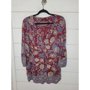 Lucky Brand 2X burgundy blue & tan floral tunic
